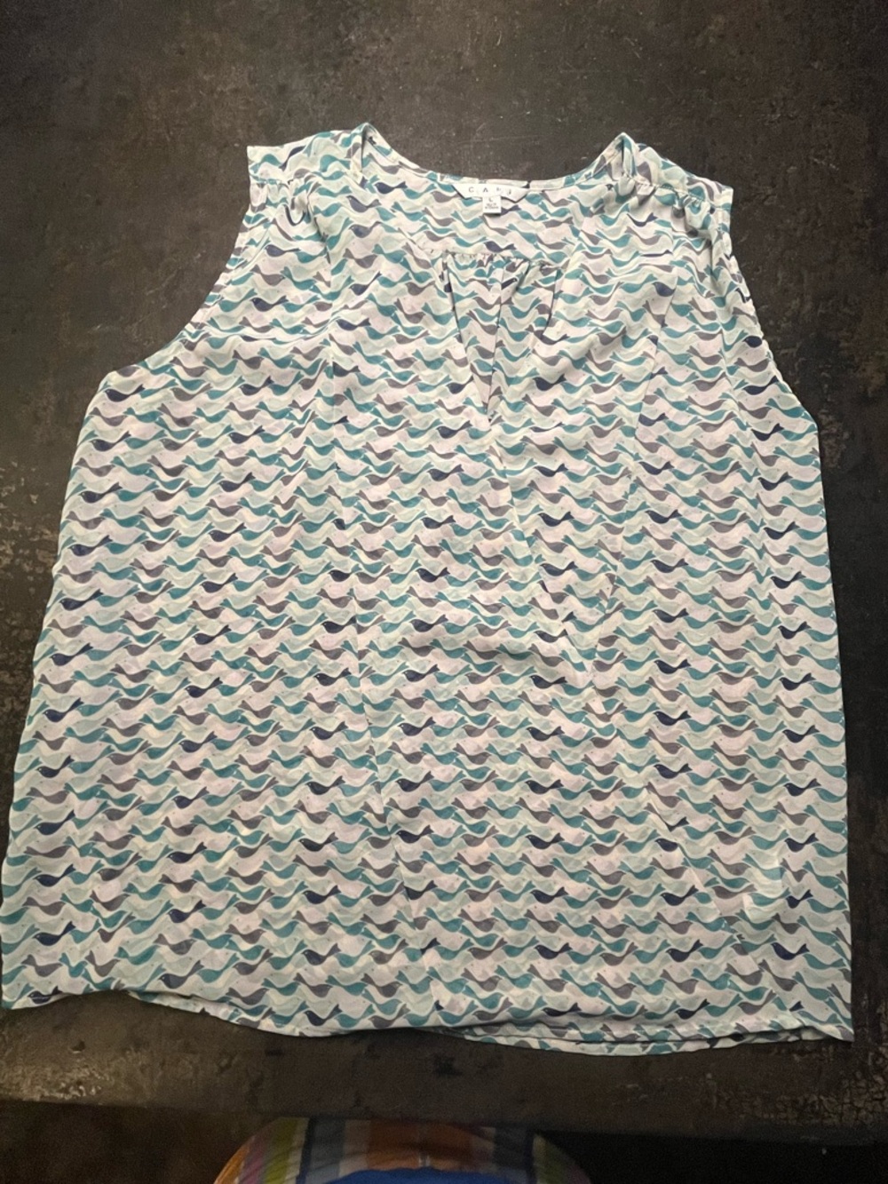 Cabi Turquoise & White Sleeveless Bird Blouse, L - Picture 3 of 7